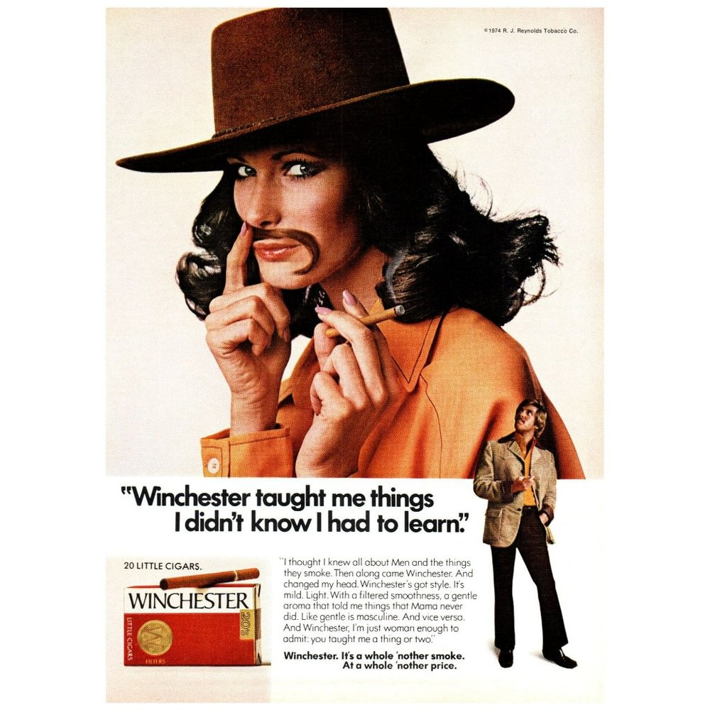 1974 Winchester Cigarettes Taught Me Things Vintage Print Ad Cowgirl Moustache